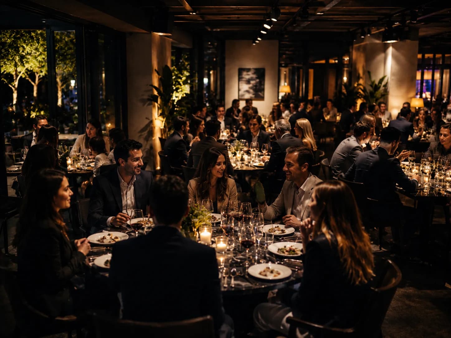Company dinner at a restaurant with teams talking at round tables