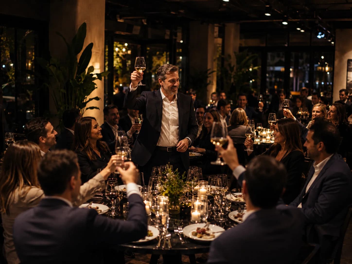 An executive raising a toast with the teams at a company dinner