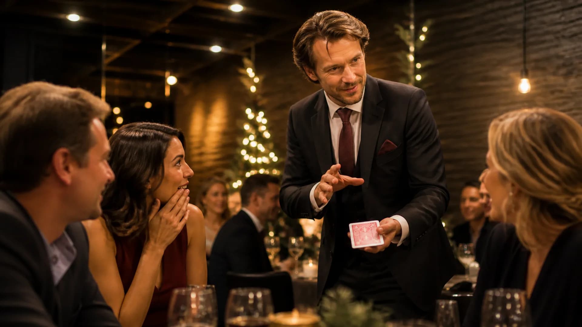Cena de gala corporativa con un espectáculo entre las mesas de los invitados