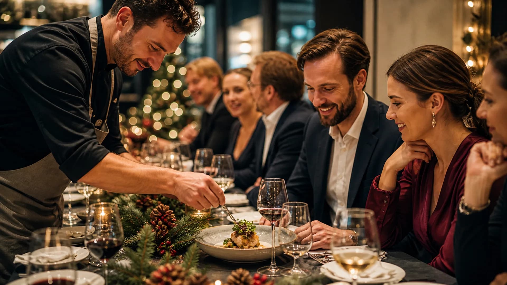 Cena de Navidad de empresa con los equipos brindando en una mesa decorada