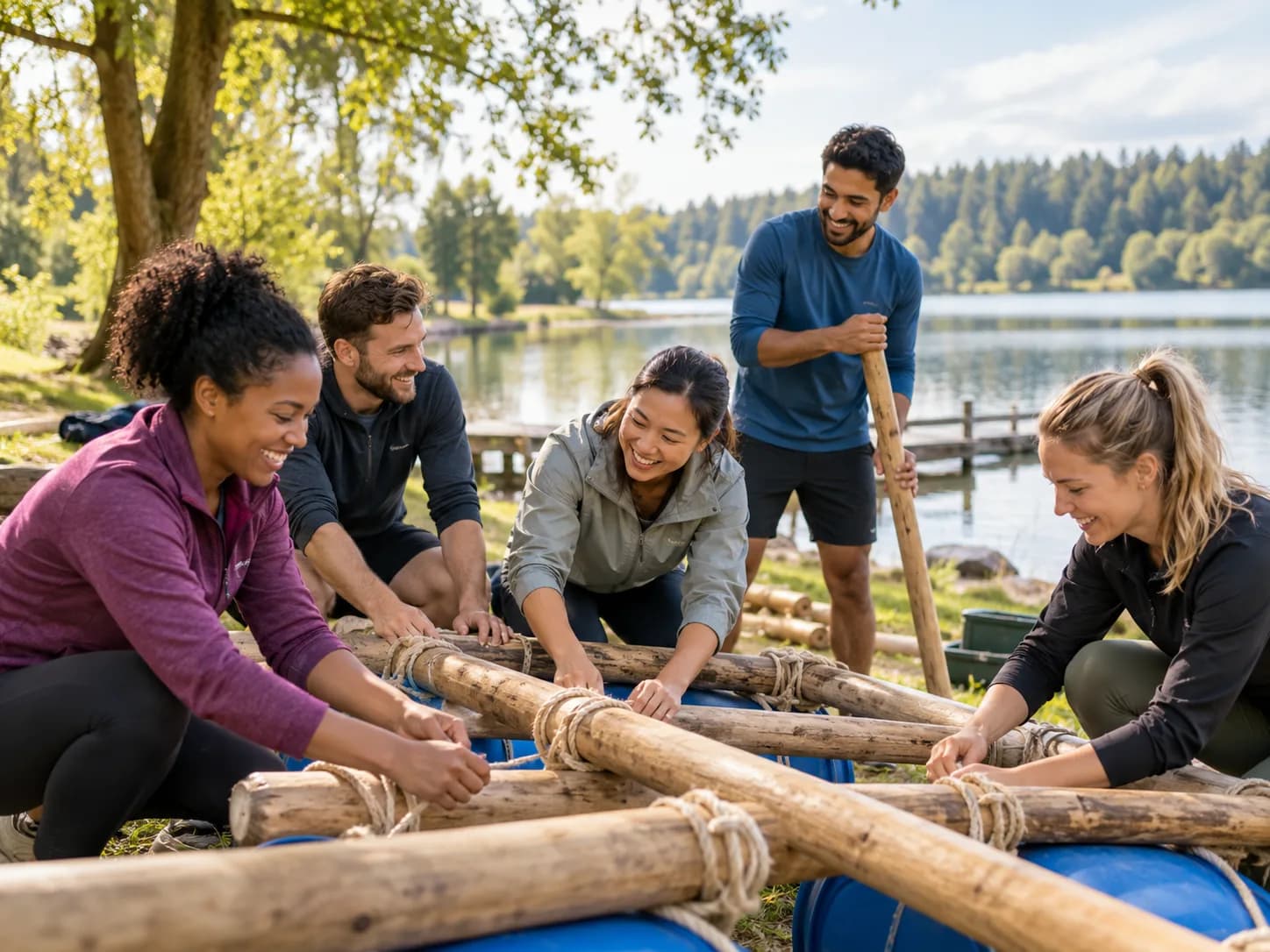 Preview: team building a raft by a lake