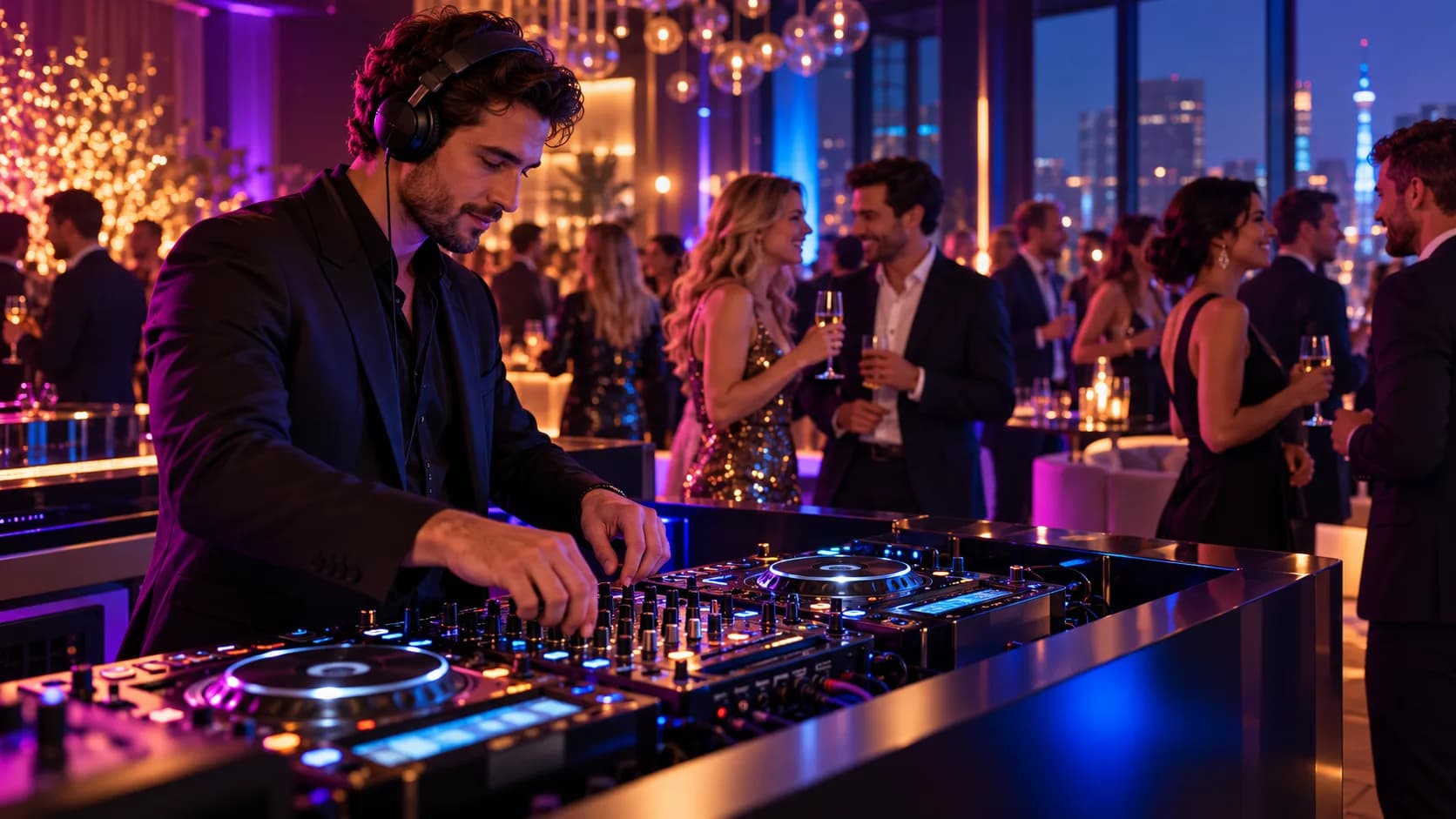 DJ pinchando con una mesa de mezclas en una fiesta de empresa
