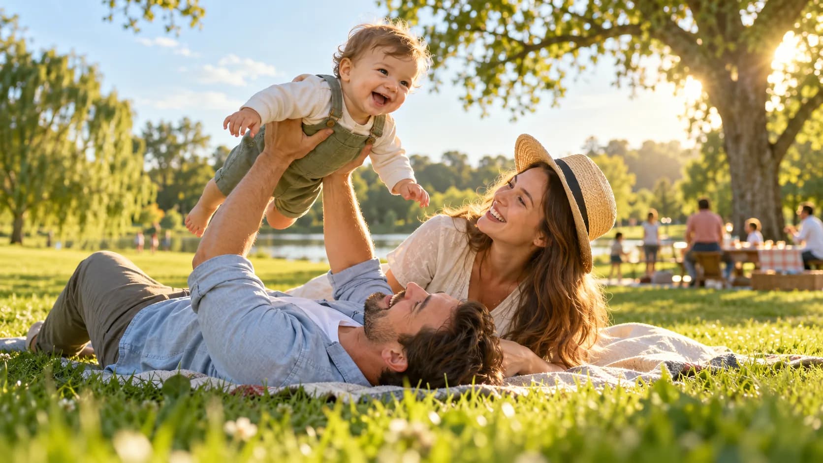 Familia jugando con su bebé en un parque durante un día al aire libre