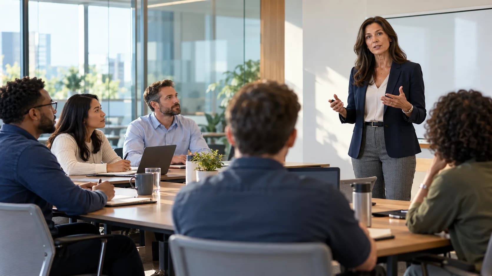 Ponente frente a un grupo de empleados en una sala de formación