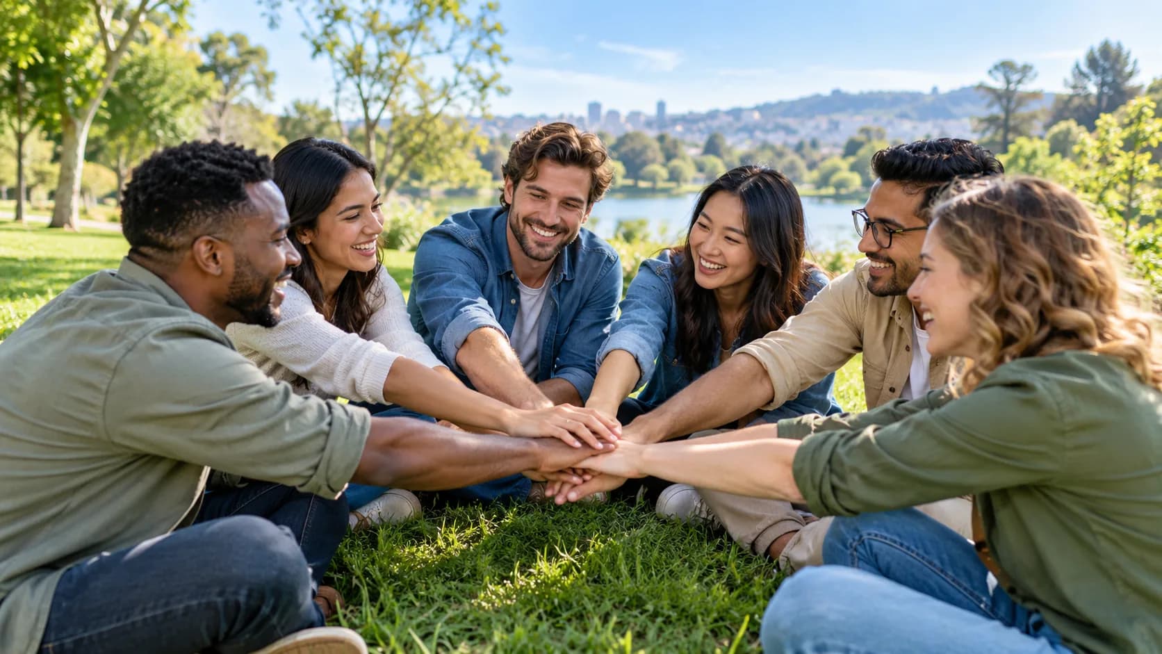 Team sitting in a circle on the grass, joining hands in the middle