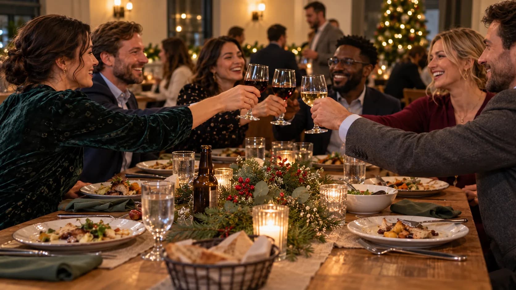 Company Christmas dinner with teams raising a toast at a decorated table