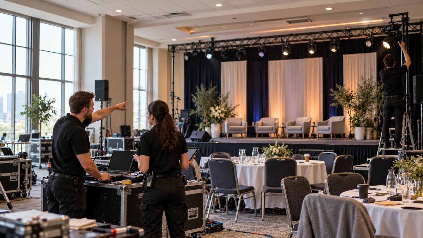 Production team setting up a stage with lighting and decoration for an event