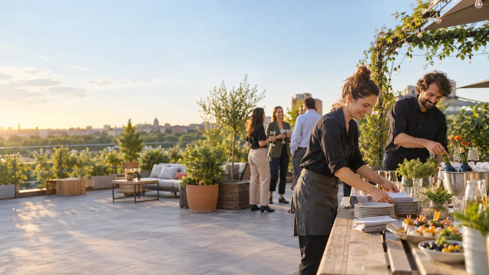 Provider team preparing the catering for a corporate event on a terrace
