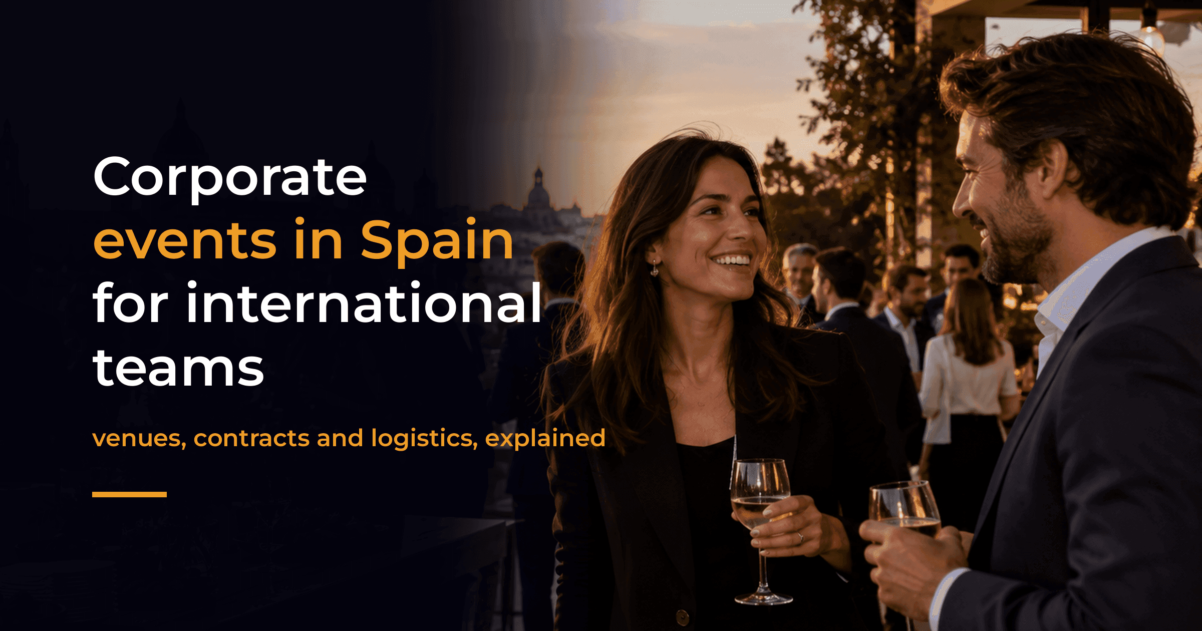 Colleagues talking and laughing with drinks at a rooftop corporate event in Madrid at sunset, with the city skyline behind them Colleagues talking and laughing with drinks at a rooftop corporate event in Madrid at sunset, with the city skyline behind them