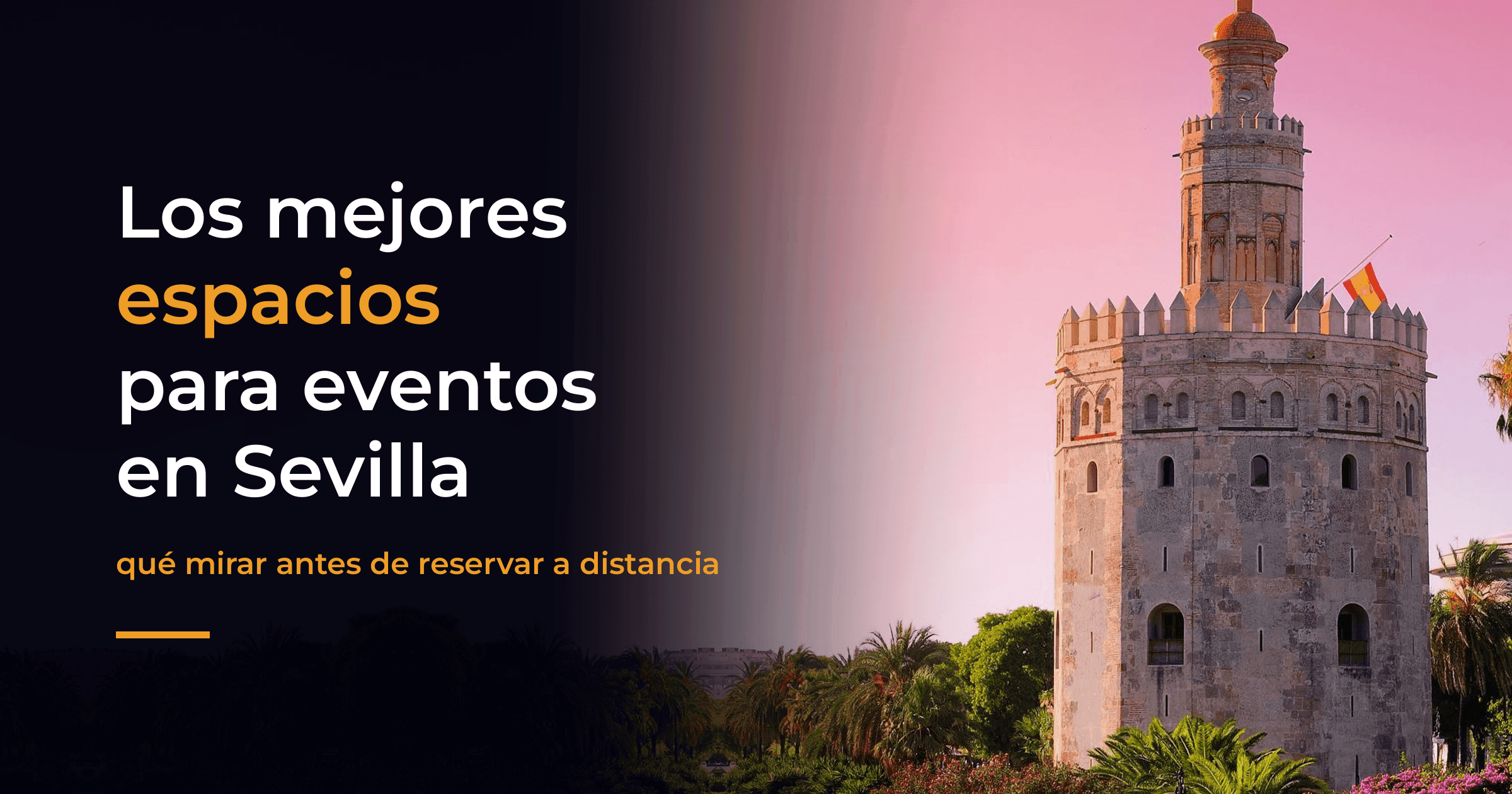 La Torre del Oro de Sevilla al atardecer, con el cielo rosado y palmeras y buganvillas en primer plano La Torre del Oro de Sevilla al atardecer, con el cielo rosado y palmeras y buganvillas en primer plano